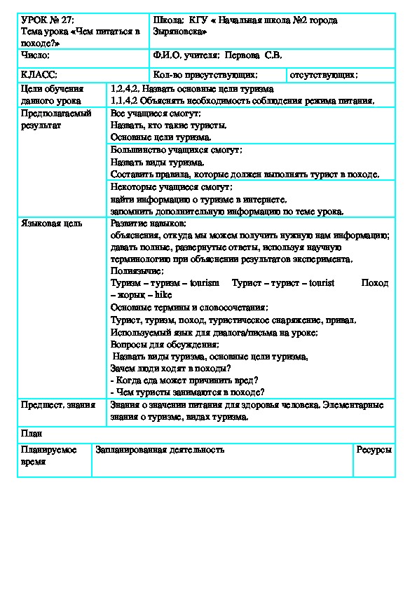 Конспект урока познания мира для 1 класса  Тема: урока: "Чем питаться в походе?"