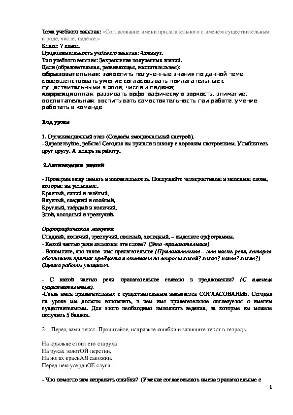 Обложка для материала Урок русского языка "Согласование имен прилагательных с иенами существительными в роде, числе, падеже" 7 класс