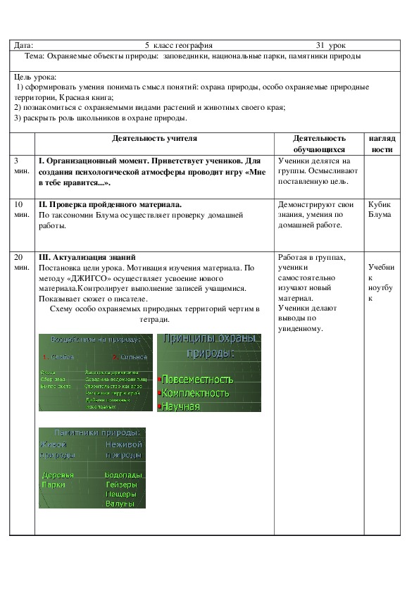 5 класс урок № 31 Тема урока Охраняемые объекты природы:  заповедники, национальные парки, памятники природы