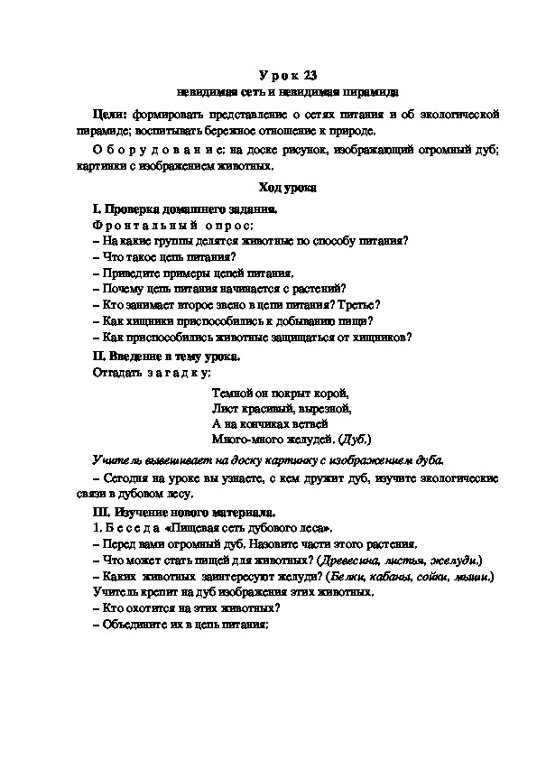 Конспект урока по окружающему миру "Невидимая сеть и невидимая пирамида"(3 класс)