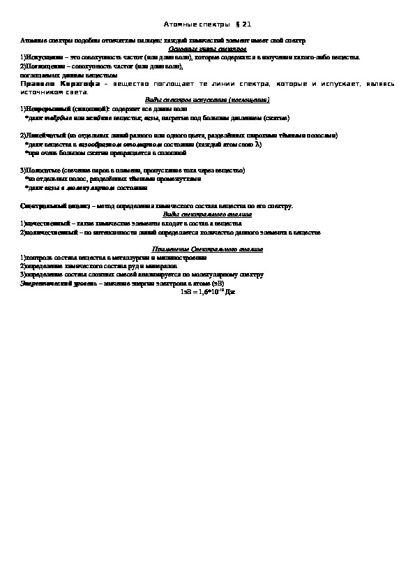 Опорный конспект "Атомные спектры" 11 класс