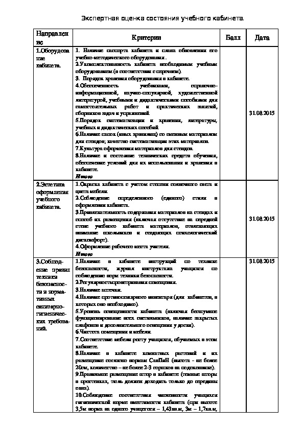 Правила расстановки мебели в учебном кабинете