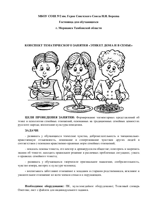 Конспект внеурочного занятия на тему «Этикет дома и в семье» (8-11-е кл.)