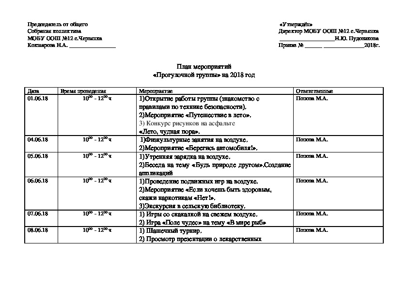 План работы прогулочной группы в летний период в сельском клубе