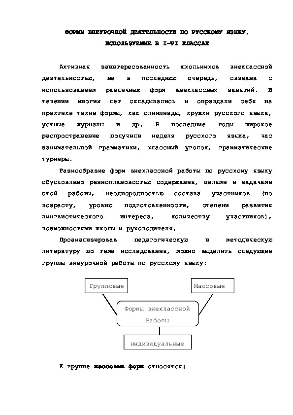 Обложка для материала ФОРМЫ ВНЕУРОЧНОЙ ДЕЯТЕЛЬНОСТИ ПО РУССКОМУ ЯЗЫКУ, ИСПОЛЬЗУЕМЫЕ В I-VI КЛАССАХ