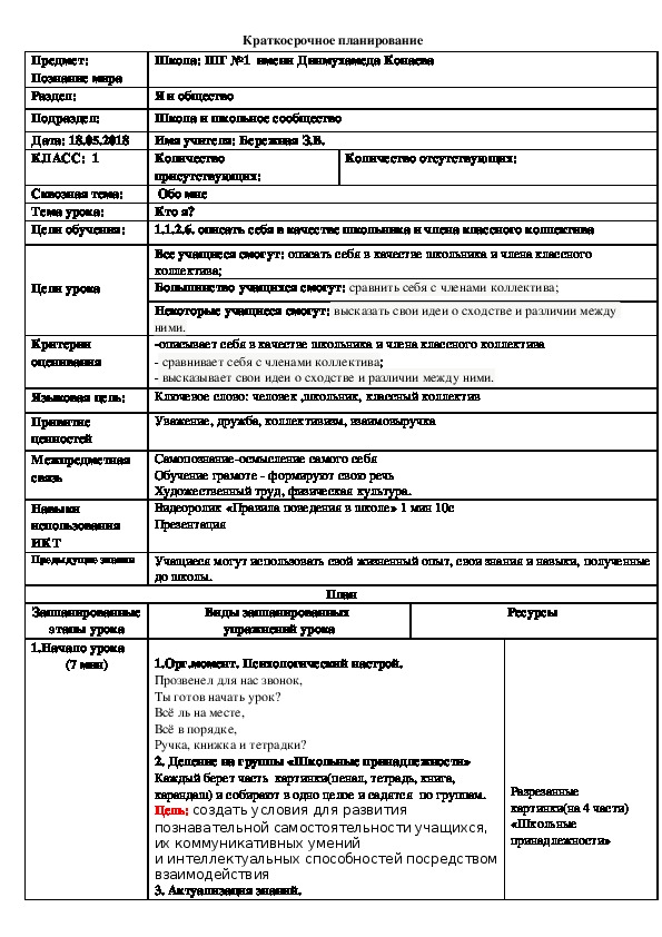Обложка для материала Урок по познанию мира 1 класс. Тема "Кто я?"