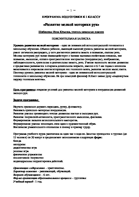 Рабочая программа по чистописанию "Развитие мелкой моторики рук"( подготовка к 1 классу)