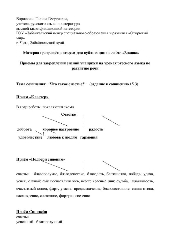 Обложка для материала Приёмы для закрепления знаний учащихся на уроках русского языка по развитию речи на тему "Счастье"