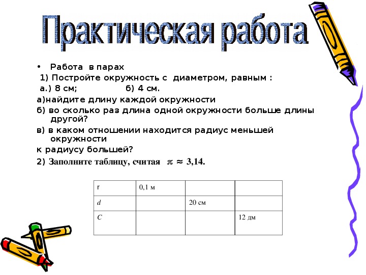 Практическая работа по математике длина окружности. Математика 6 класс длина окружности и площадь круга. Заполните таблицу длина окружности площадь круга.