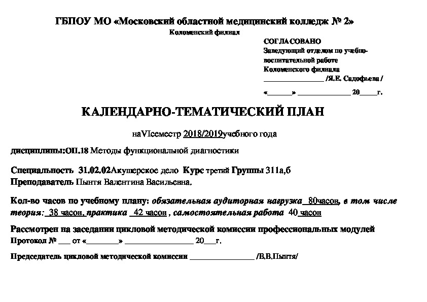 КАЛЕНДАРНО-ТЕМАТИЧЕСКИЙ ПЛАН ПО ДИСЦИПЛИНЕ: ОП.18 Методы функциональной диагностики