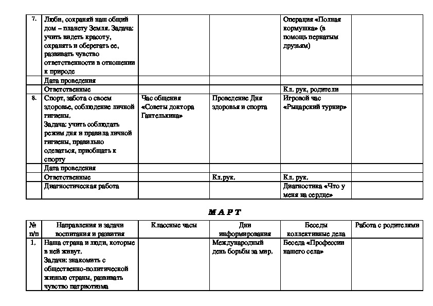 План сетка классного руководителя