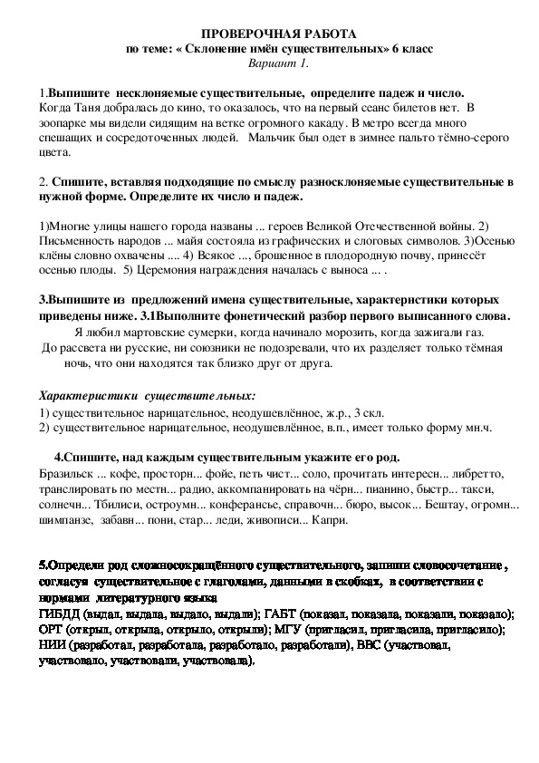Проверочная работа по русскому языку на тему " Склонение имени существительного" ( 6 класс, русский язык)