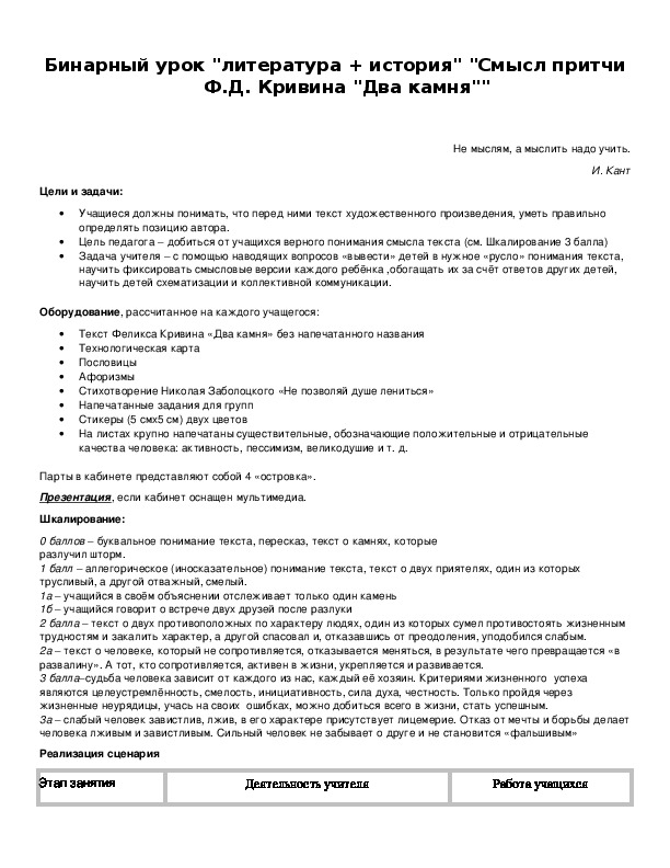 Обложка для материала Бинарный урок "литература + история" "Смысл притчи Ф.Д. Кривина "Два камня""