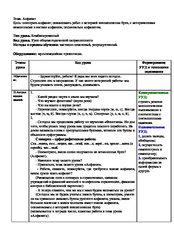 Урок русского языка в 5 классе "Алфавит"