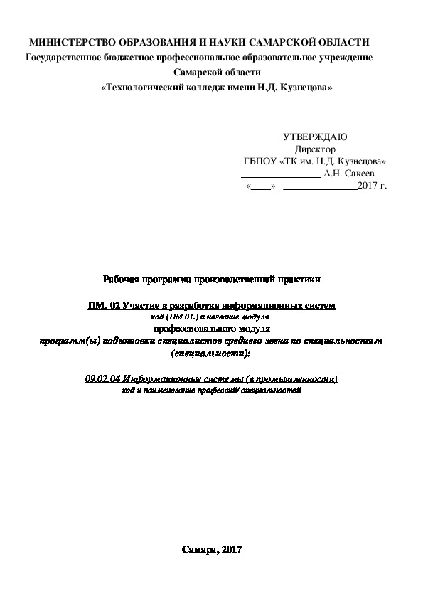 Рабочая программа производственной практики  ПМ. 02 Участие в разработке информационных систем