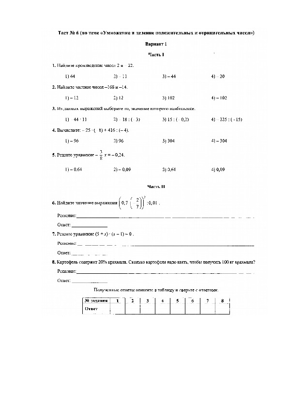 Тест на тему Умножение и деление чисел с разными знаками