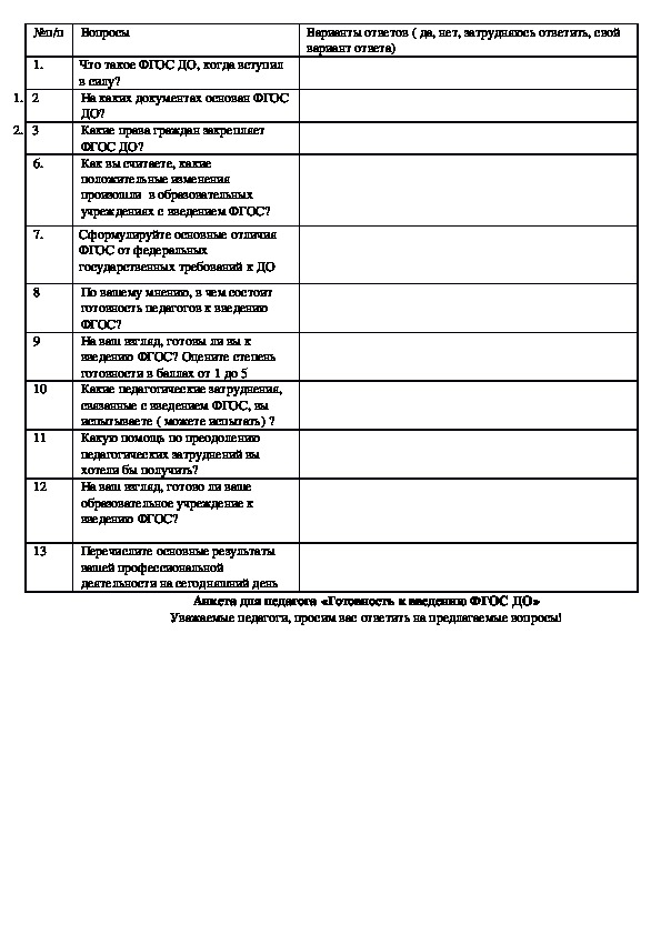 Обложка для материала Анкетирование педагогов ФГОС