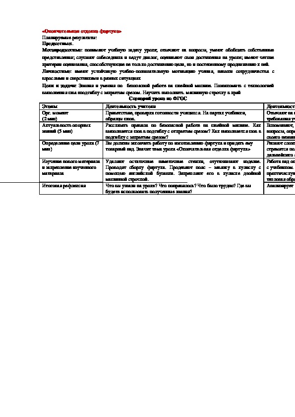 Урок по технологии 5 класс. «Окончательная отделка фартука»