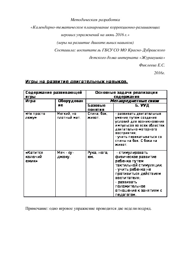 Методическая разработка «Календарно-тематическое планирование коррекционно-развивающих игровых упражнений на июнь 2016 г.» (игры на развитие двигательных навыков)