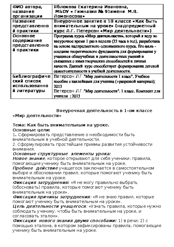 Обложка для материала Название представленной практики	Внеурочное занятие в 1В классе «Как быть внимательным на уроке» (надпредметный курс Л.Г. Петерсон «Мир деятельности»)