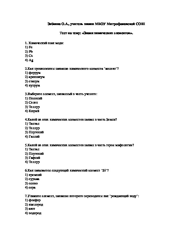 Обложка для материала Тест на тему: «Знаки химических элементов».