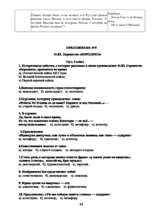 Бородино стихотворение анализ. Анализ стихотворения Бородино Лермонтова 5 класс по плану.