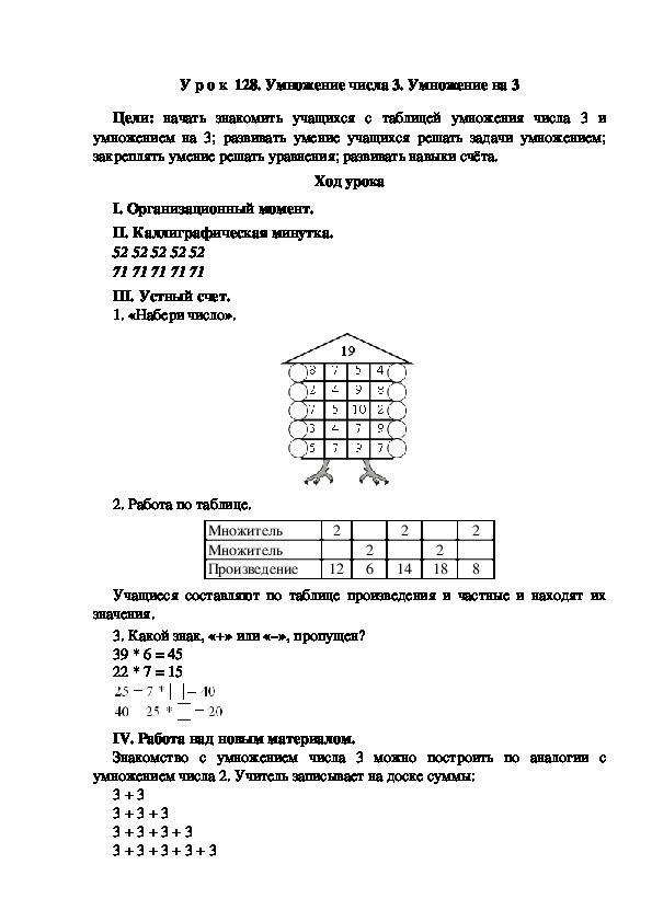 Конспект урока по математике "Умножение числа 3. Умножение на 3"(2 класс)