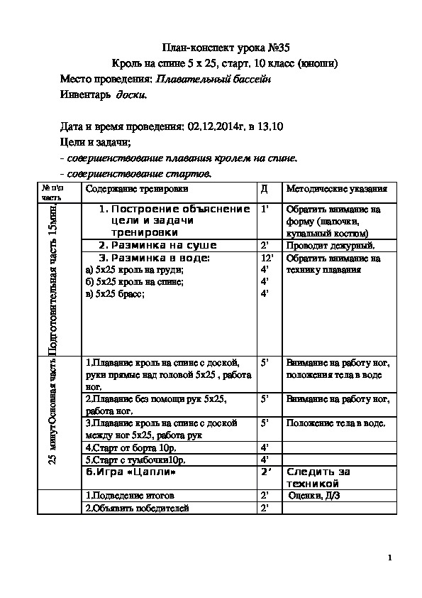 План конспект урока по плаванию на спине