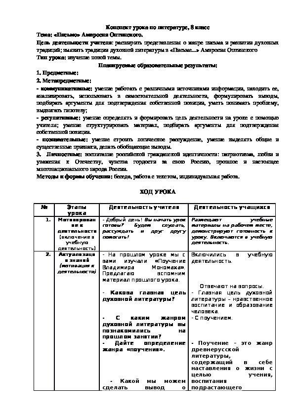 Обложка для материала Конспект урока "«Письмо» Амвросия Оптинского" 8 класс
