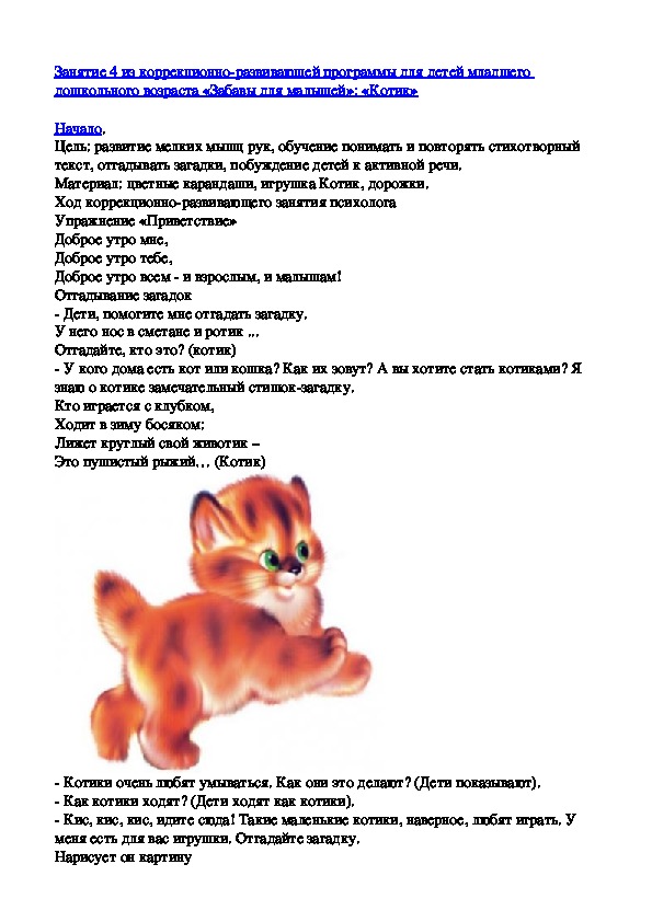 Обложка для материала Занятие 4 из коррекционно-развивающей программы для детей младшего дошкольного возраста «Забавы для малышей»: «Котик»