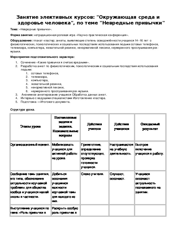 Обложка для материала Занятие элективных курсов: "Окружающая среда и здоровье человека"