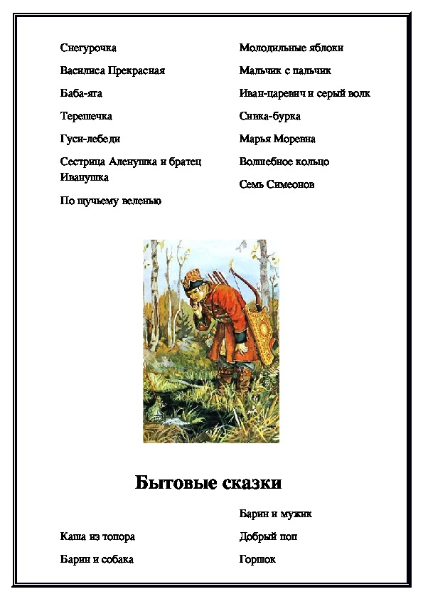 Картотека русские народные сказки