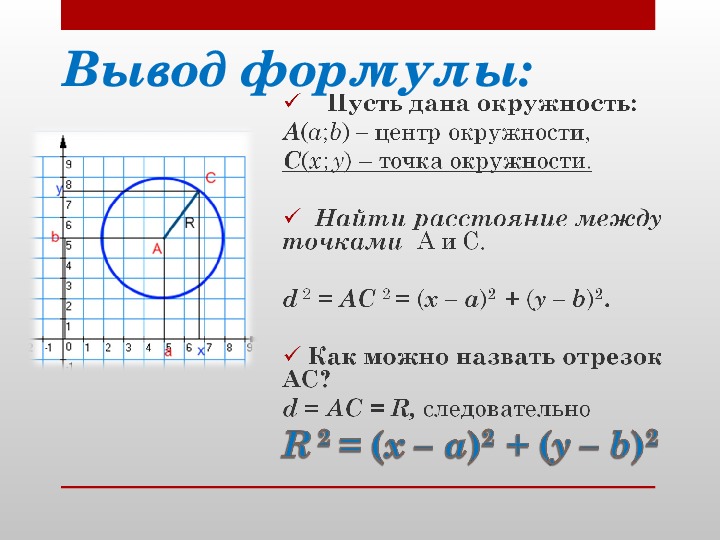 Вывод формулы окружности. Уравнения окружности и прямой 9 класс формулы. Формула уравнения окружности 9 класс геометрия. Формула уравнения окружности формулы. Уравнение окружности 9 класс геометрия.