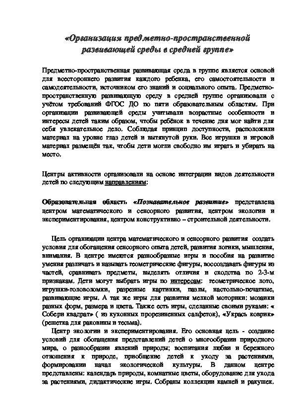 Доклад  «Организация предметно-пространственной развивающей среды в средней группе»