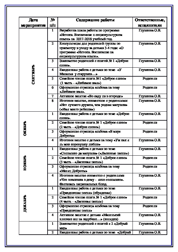 План работы по программе "Социокультурные истоки" (группа 3-4 года)