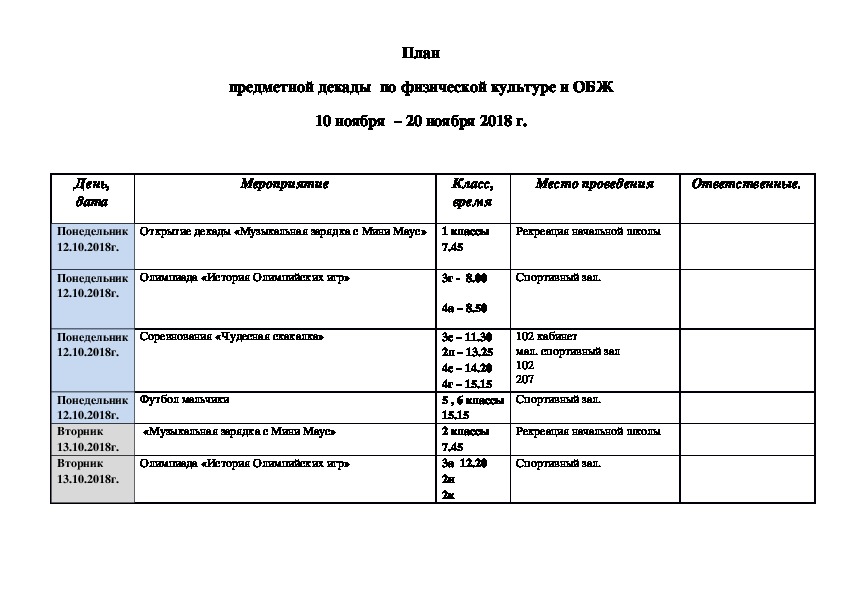 План предметной недели по истории