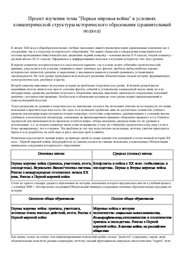 Обложка для материала Проект изучения темы "Первая мировая война" в условиях концентрической структуры исторического образования (сравнительный подход)