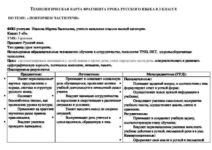 Урок и презентация по русскому языку "Повторяем части речи" 3 класс