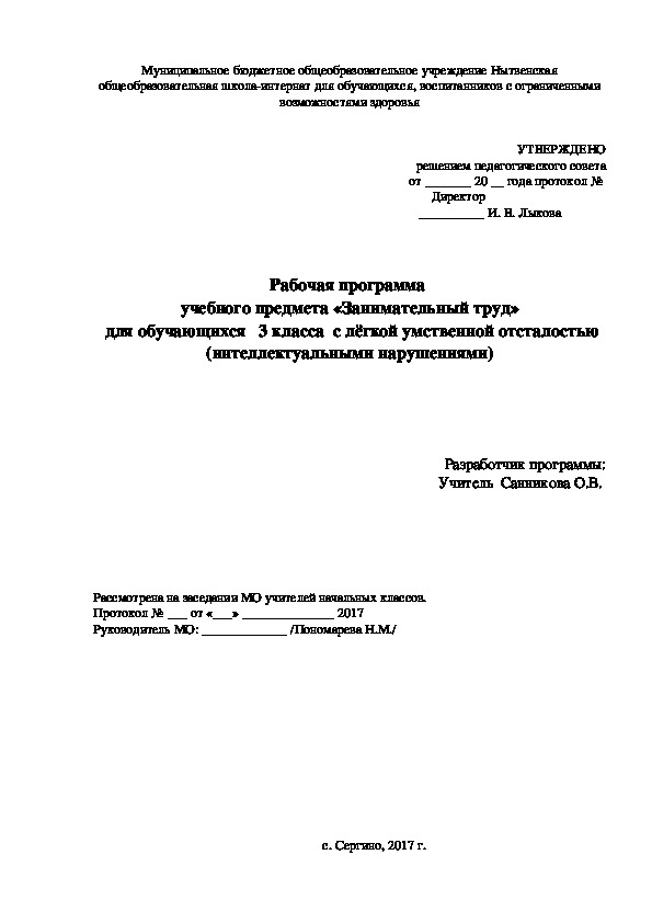 Рабочая программа  учебного предмета «Занимательный труд»  для обучающихся   3 класса  с лёгкой умственной отсталостью (интеллектуальными нарушениями)