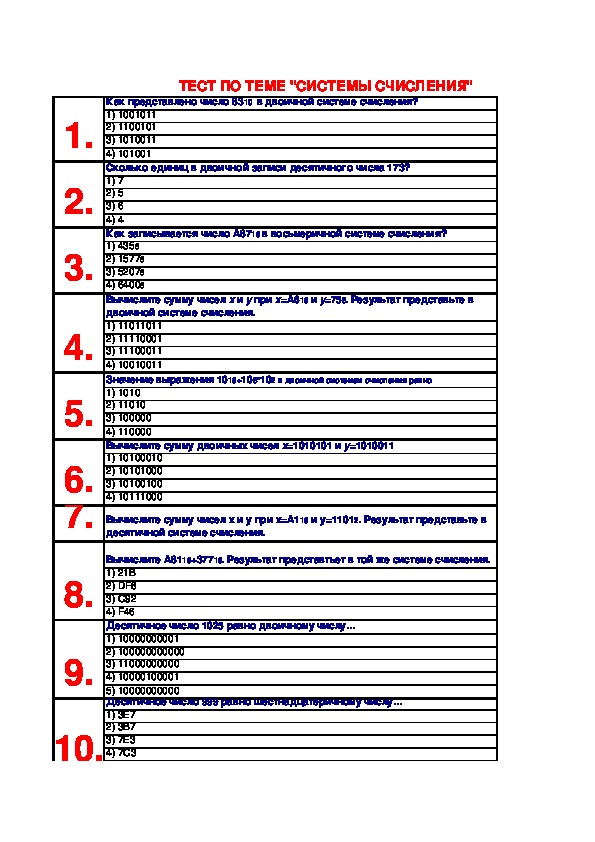 Системы счисления. Тест.