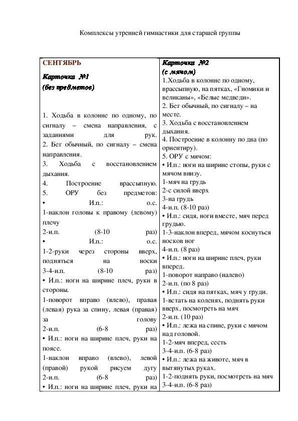 План конспект по утренней гимнастике в старшей группе