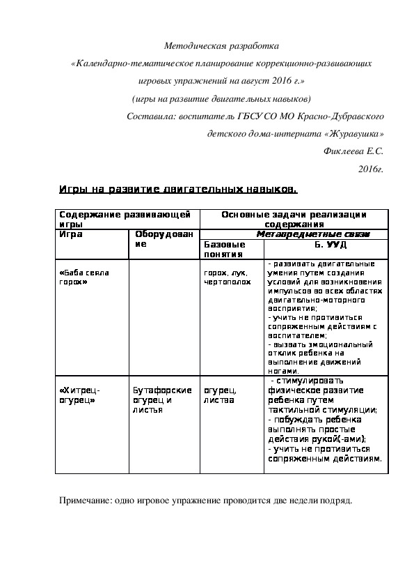 Методическая разработка «Календарно-тематическое планирование коррекционно-развивающих игровых упражнений на август 2016 г.» (игры на развитие двигательных навыков)