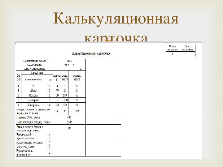 Калькуляционная карта торт бисквитно-кремовый