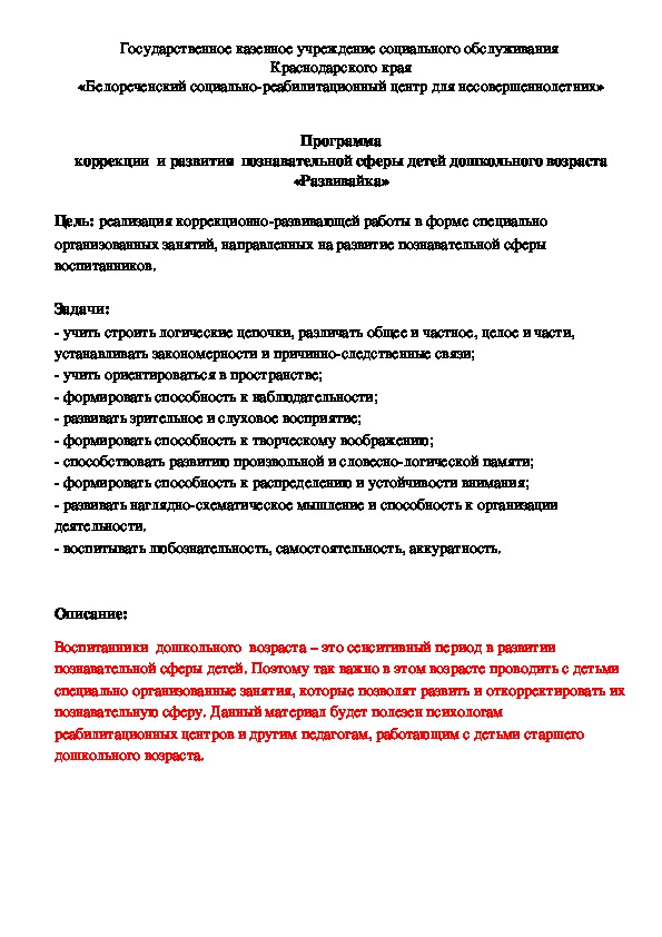 Программа коррекции  и развития  познавательной сферы детей дошкольного возраста «Развивайка»