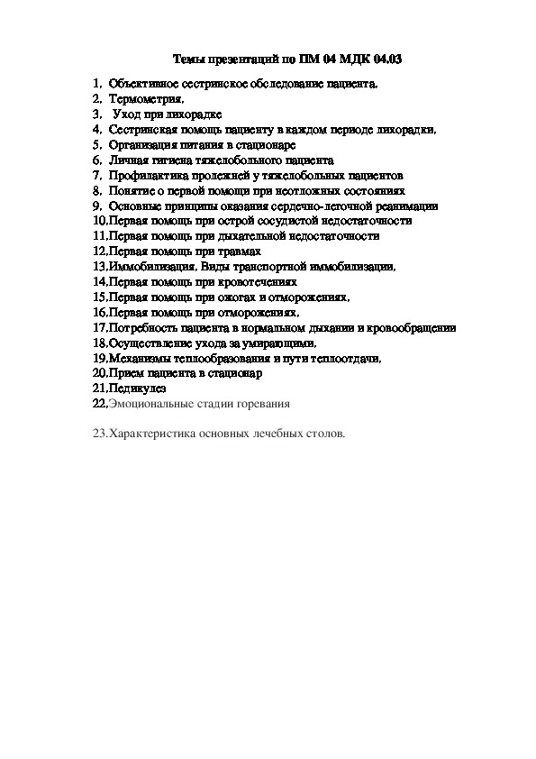 Темы презентаций по ПМ. 04 МДК 04.03