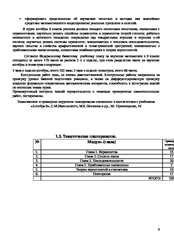РАБОЧАЯ ПРОГРАММА по алгебре для 9 класса к учебнику Алгебра 7-9 классы ...