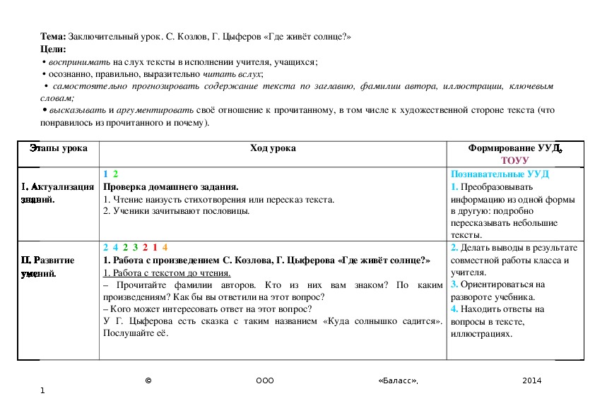 Обложка для материала Тема: Заключительный урок. С. Козлов, Г. Цыферов «Где живёт солнце?»