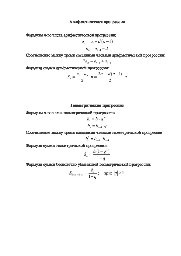 Карточка - помощник с формулами по теме "Арифметическая и геометрическая прогрессии"(9класс)