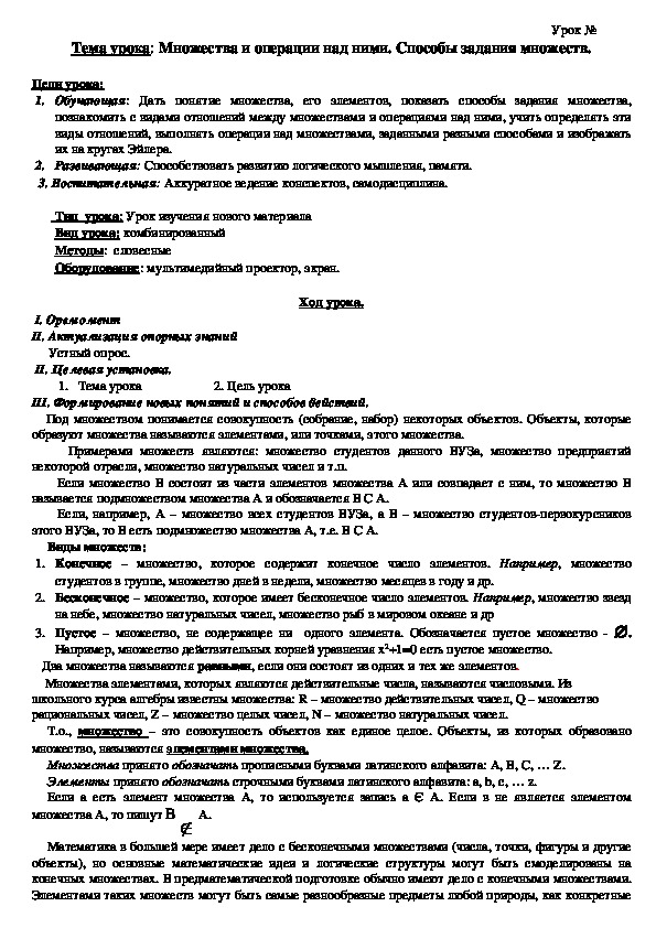 Тема урока: Множества и операции над ними. Способы задания множеств.