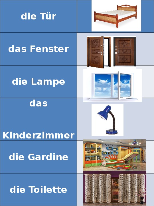 Немецкий язык: словарное лото по теме "Квартира: Комнаты, Мебель", 5 класс